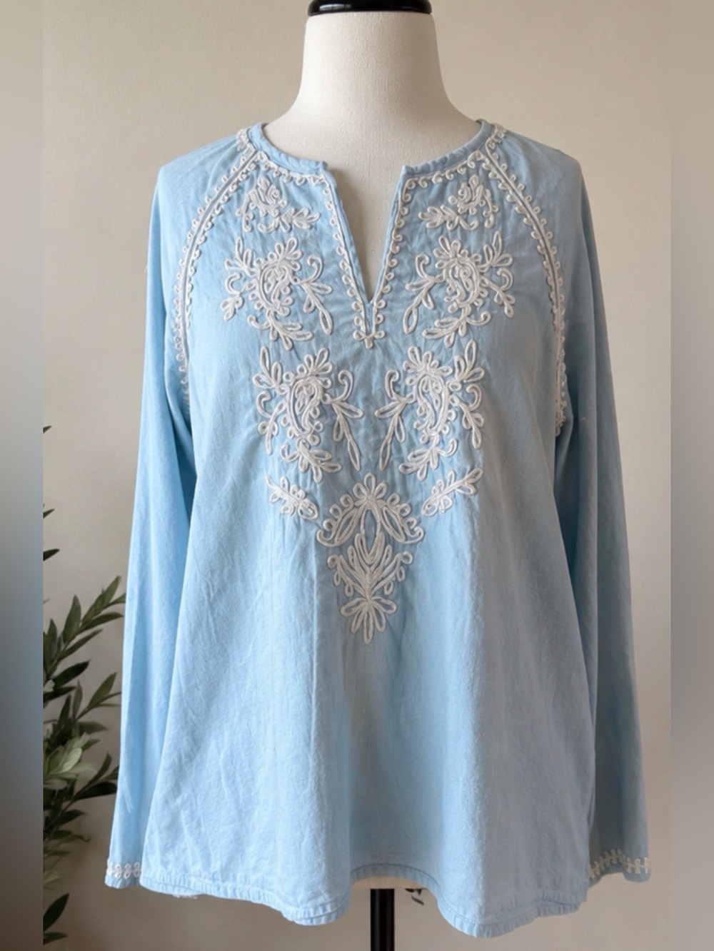 J.Crew Re-Imagined Embroidered Cotton Linen Blend Tunic Top Coastal Blue Cream
